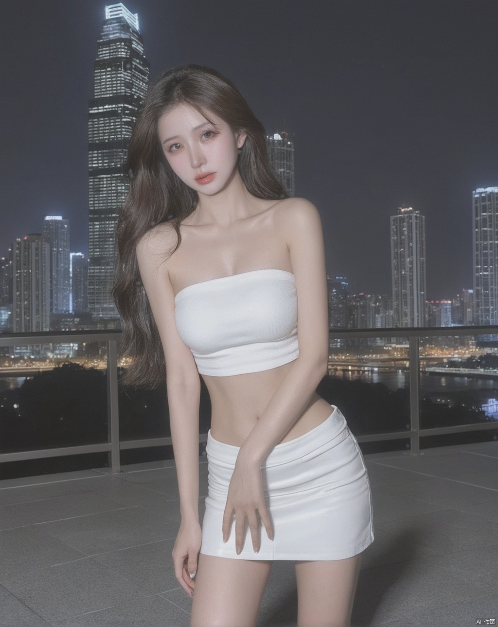 sharp focus,(tube top,strapless,),white top,(miniskirt),((crying)),night scenery,city,building,full body,cityscape,skyscraper,night,city lights,rooftop,1 girl,long hair,front body,solo,small breasts,looking at viewer,realistic,best quality, high quality,