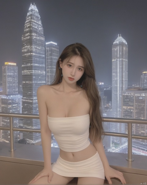  sharp focus,1 girl,((crying)),long hair,large breasts,looking at viewer,realistic,best quality, high quality,(tube top,strapless,),white top,(nude),night scenery,city,building,full body,cityscape,skyscraper,night,city lights,rooftop,