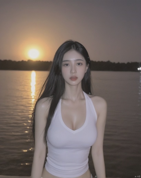 night,outdoors,science fiction,water,1girl,crying,long hair, black hair,cleavage,sleeveless,shirt,looking at viewer, realistic,best quality, high quality,