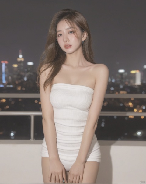 sharp focus,(tube top,strapless,),white top,(nude),((crying)),night scenery,city,building,full body,cityscape,skyscraper,night,city lights,rooftop,1 girl,long hair,front body,solo,small breasts,looking at viewer,realistic,best quality, high quality,