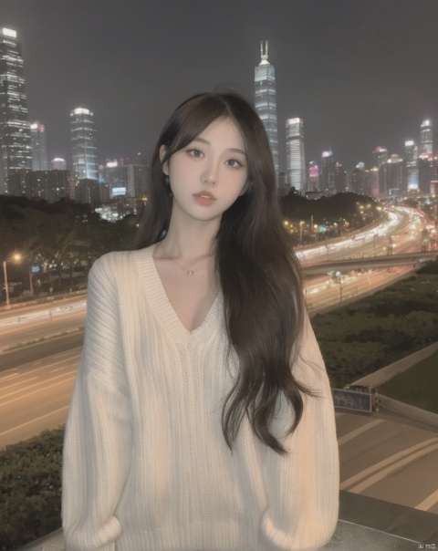  scenery,city,building, cityscape,skyscraper, night,city lights,outdoors,1girl,long hair, black hair, lips, realistic,(tuck-out sweater,sweater pull:1.3), (School Uniforms:1.2),medium breasts,cleavage, arafed image of a woman,very pretty model, chinese girl, she is korean, beautiful asian girl, lovely woman, pretty face, asian decent, slender girl, attractive girl, gorgeous chinese model,photoshop \(medium\), realistic,best quality, high quality,