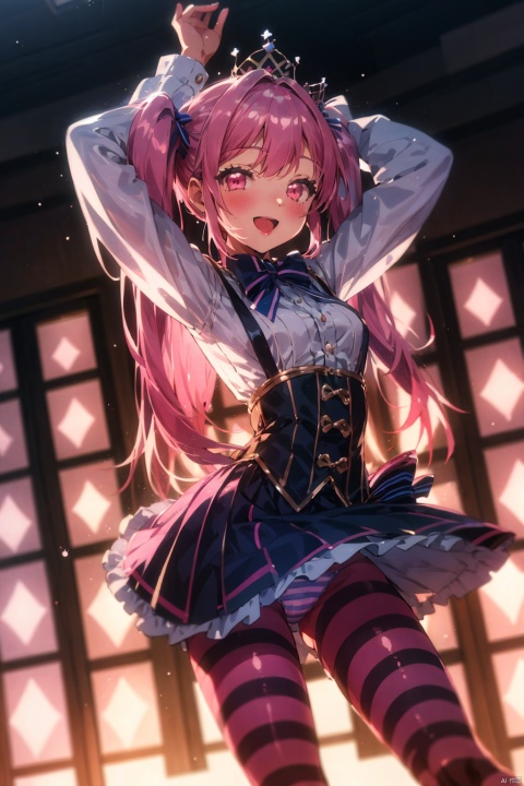 1girl, solo, long hair, looking at viewer, blush, smile, open mouth, bangs, skirt, long sleeves, bow, twintails, panties, pink hair, pantyhose, striped, signature, bowtie, pink eyes, blurry, arms up, crown, striped thighhighs, striped pantyhose