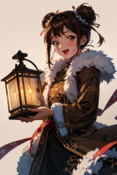  (best quality), ((masterpiece)), (highres), illustration, original, extremely detailed,licg, 1girl, solo, open mouth, brown hair, holding, fur trim, smile, brown eyes, simple background, looking at viewer, bangs, long sleeves, white background, lantern, double bun, holding lantern, ribbon