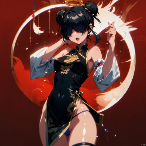 1girl, solo, breasts, open mouth, black hair, long sleeves, dress, bare shoulders, underwear, panties, small breasts, detached sleeves, sleeveless, fang, hair bun, black dress, sleeves past wrists, double bun, covered navel, skindentation, thigh strap, halo, chinese clothes, china dress, red background, sleeves past fingers, ofuda, hair over eyes, covered eyes, jiangshi, qing guanmao, talisman