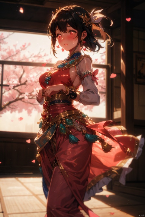 Peach blossoms, peaches, peach trees, blushing, sweating, heart-shaped pupils, jewelry, looking towards the audience, (blurry background), lighting master, hair accessories, jewelry, tassels, ribbons, wind, classical dance, exotic style, clothing cutting, Hu Ji