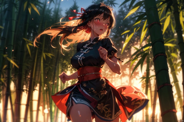 Blushing, sweating, heart-shaped pupils, jewelry, looking towards the audience (blurry background), lighting master, hair accessories, jewelry, tassels, ribbons, wind, whole body, stream, bamboo raft, bamboo forest, Chinese clothing, dress, running