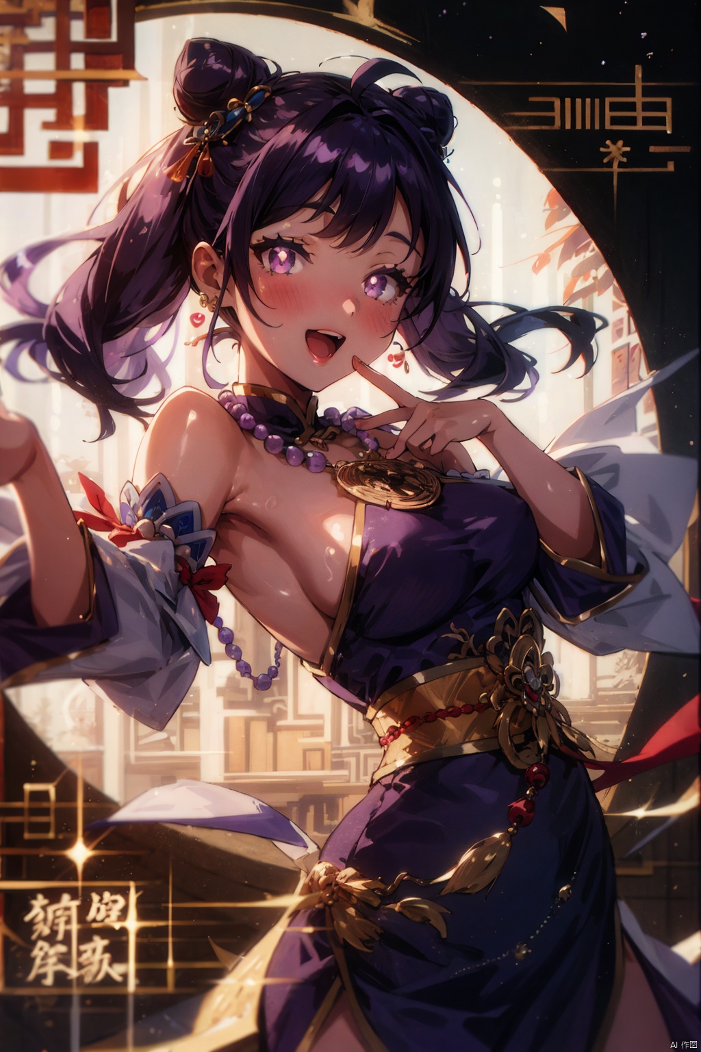  1girl, solo, long hair, breasts, looking at viewer, blush, smile, open mouth, bangs, hair ornament, long sleeves, dress, twintails, jewelry, purple eyes, purple hair, ahoge, heart, detached sleeves, teeth, necklace, hair bun, symbol-shaped pupils, double bun, nose blush, chinese clothes, tassel, china dress, purple dress, beads, ofuda, chinese text, cone hair bun, jiangshi, bead necklace, purple sleeves