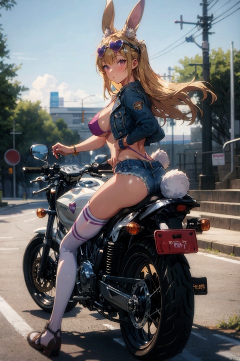  1girl,, long hair, looking at viewer, blonde hair,thighhighs, jewelry, purple eyes, jacket, tail, swimsuit, full body, ass, heart, bikini, open clothes, shorts, belt, bracelet, white thighhighs, two side up, short shorts, sunglasses, ring, denim, ground vehicle, rabbit tail, bikini top only, eyewear on head, motor vehicle, cropped jacket, denim shorts, micro shorts, motorcycle, on motorcycle