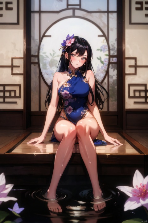 1girl, solo, long hair, looking at viewer, black hair, hair ornament, navel, bare shoulders, sitting, full body, flower, barefoot, hair flower, water, legs, bare legs, chinese clothes, hand fan, butterfly hair ornament, soaking feet