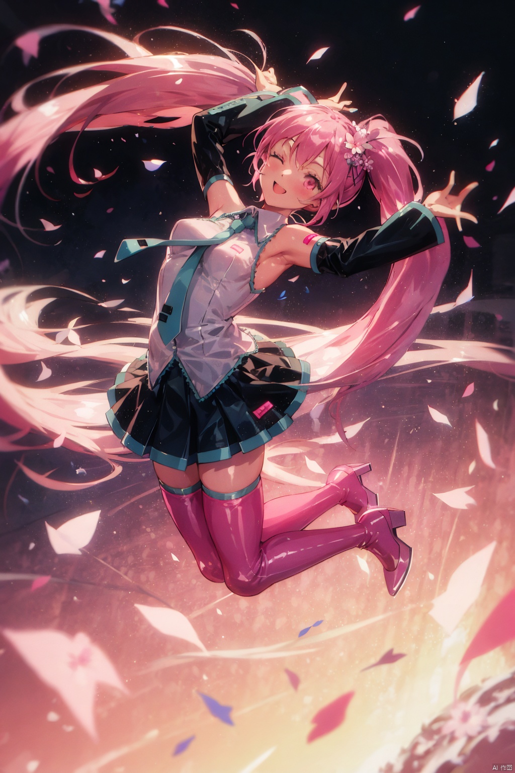 1girl, solo, long hair, looking at viewer, smile, skirt, hair ornament, thighhighs, twintails, very long hair, full body, pink hair, flower, boots, detached sleeves, one eye closed, necktie, hair flower, pink eyes, high heels, arms up, thigh boots, jumping, pink footwear, absurdly long hair, pink thighhighs, hatsune miku, sakura miku