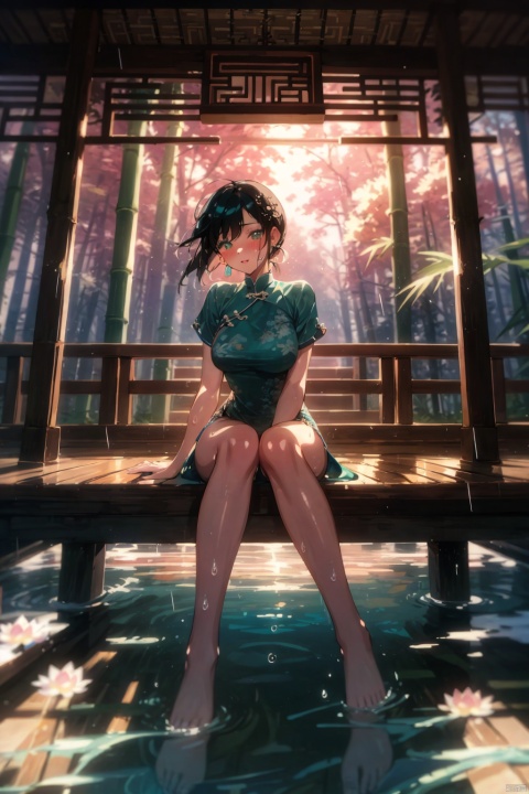 Full body, long legs, semen, blushing, sweating, heart-shaped pupils, jewelry, viewer, (blurry background), lighting master,sex life,Insert into the vagina,(sunlight, beautiful sky, floating hair, Fisheye lens lens, dynamic angle, distant view, panorama ,overlook,barefoot), ((Ancient_Chinese_architecture)), (short sleeves),with a combination of Morgan colors, Qiu Ying's painting style, And high end color matching, ((A beautiful girl sitting on a bamboo raft in the water, swimming downstream, Huge lotus, rain, (full body), aqua_china_dress)), (bright light,fantasy), ((spotted light)),1 girl, ((black hair, shy, blush)),sex,naked, see-through control