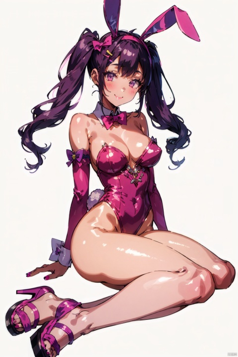 1girl, solo, long hair, breasts, looking at viewer, smile, bangs, simple background, hair ornament, white background, dress, bow, animal ears, bare shoulders, twintails, sitting, full body, purple hair, hair bow, heart, hairband, detached sleeves, hairclip, bowtie, nail polish, rabbit ears, collar, leotard, v, detached collar, fake animal ears, drill hair, pink bow, bandaid, twin drills, pink nails, toenails, platform footwear, rabbit hair ornament, pink leotard