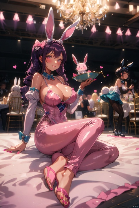 3 girls, long hair, chest, looking at the audience, smile, bangs, hair accessories, dresses, bows, animal ears, bare shoulders, double tails, sitting, whole body, purple hair, hair bow, heart shape, hair band, separated sleeves, hairpin, bow tie, nail polish, rabbit ears, collar, tights, v, separated collar, fake animal ears, drill head hair, pink bow, handkerchief, double drill head, pink nails Toe toenails, thick soled shoes, rabbit hair accessories, pink tight fitting jumpsuits