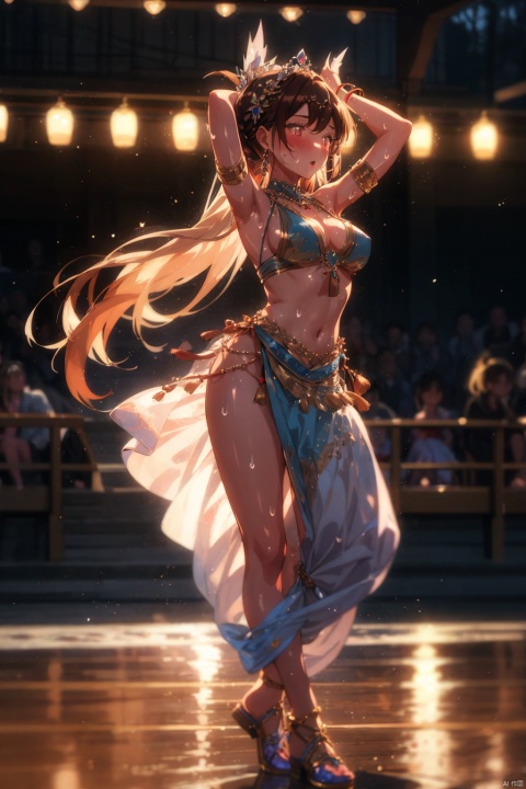 Outdoor, full body, blushing, sweating, heart-shaped pupils, jewelry, looking towards the audience (blurry background), lighting master, hair accessories, jewelry, tassels, ribbons, wind, flying, exotic style, clothing cutting, dancer