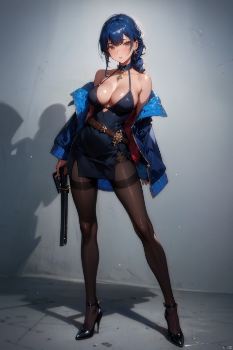 1girl, solo, long hair, breasts, looking at viewer, bangs, large breasts, dress, holding, cleavage, bare shoulders, jewelry, medium breasts, blue hair, standing, jacket, full body, weapon, braid, pantyhose, earrings, open clothes, sleeveless, belt, sword, off shoulder, holding weapon, black dress, high heels, open jacket, gun, black pantyhose, holding sword, sheath, holding gun, side slit, thighband pantyhose