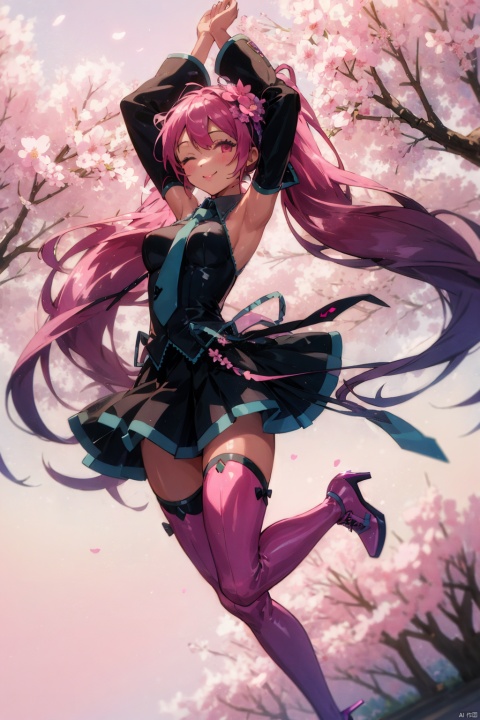 1girl, solo, long hair, looking at viewer, smile, skirt, hair ornament, thighhighs, twintails, very long hair, full body, pink hair, flower, boots, detached sleeves, one eye closed, necktie, hair flower, pink eyes, high heels, arms up, thigh boots, jumping, pink footwear, absurdly long hair, pink thighhighs, hatsune miku, sakura miku