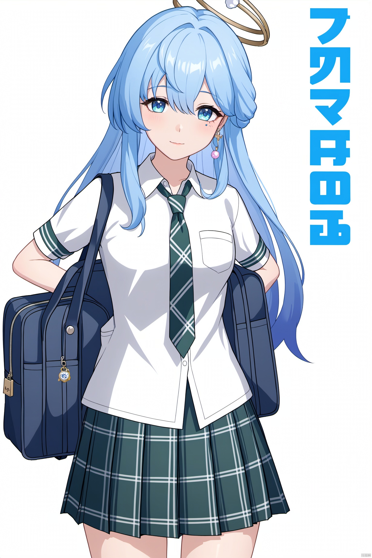  nai3,masterpiece, best quality,1girl, alternate costume, solo, bag, looking at viewer, blush, plaid, charm (object), bag charm, bangs, contemporary, sidelocks, jewelry, character name, female woman, white background, \\\\\\\\\ nai3, masterpiece, best quality,1girl, school uniform, alternate costume, solo, skirt, bag, necktie, multicolored hair, looking at viewer, blush, plaid skirt, school bag, plaid, charm (object), bag charm, sidelocks, jewelry, pleated skirt, green skirt, white shirt, green necktie, collared shirt, character name, female child, white background,school_uniform,school_girl,school_uniforms, \\\\\\\\\\\, zgn,1girl,long hair,halo,blue eyes,gloves,bangs,blue hair,white dress