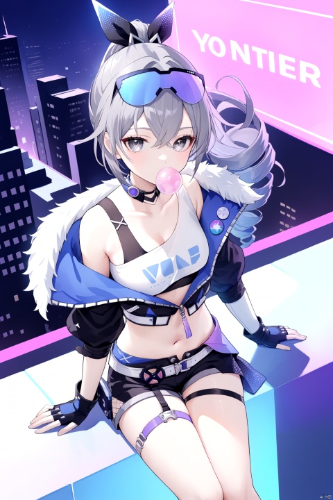  masterpiece,best quality,1 synth wave style girl,blue outline,streets with neon lights,blue fluorescent coatings,solo,from above,cowboy shot,sitting on the top of the building,extremely detailed CG,flat color,limited palette,noline art,silhouette,partially colored,alternate color,dynamic angle,blue long upper shan,dark violet shadow,synth wave,chromatic aberration,(solo focus),perfect shadow,wearing an off- shoulder floating jacket,delicate face,bare shoulder,beautiful and delicate eyes,delicate background,blue neon light, 

yinlang, bronya zaychik, eyewear on head, grey eyes, jacket, shorts, drill hair, fingerless gloves, navel, grey hair, long hair, mesh socks,bubble blowing, chewing gum,