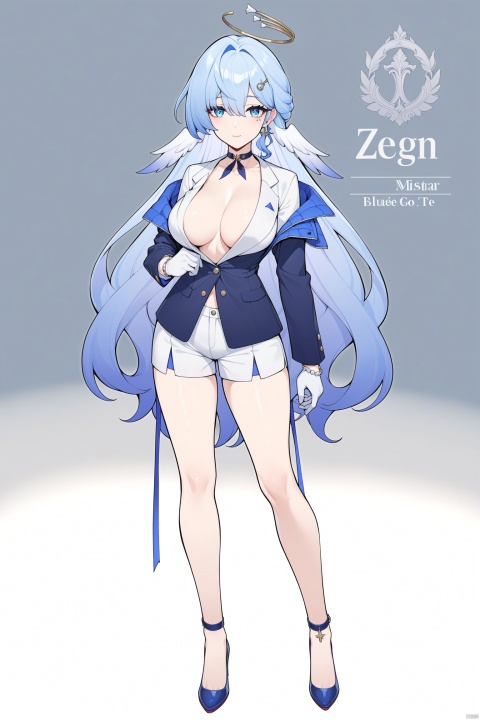 masterpiece, best quality,1girl, zgn, halo,blue eyes,blue eyes, gloves,blue hair, breasts, solo, long hair, gradient hair, bangs, looking at viewer, character name,drawstring, contemporary, choker, hair ornament, full body, standing,  jewelry, very long hair, english text, colored tips, suit,suit jacket,pants