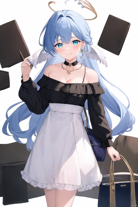  masterpiece, best quality, ,1girl, solo, skirt, long hair, shirt, halo, blue hair, bag, black skirt, off-shoulder shirt, white background, off shoulder, jewelry, holding bag, holding, white shirt, necklace, breasts, long sleeves, looking at viewer, cleavage, blue eyes, bare shoulders, bangs, blush, simple background, shadow, handbag, standing, medium breasts, high-waist skirt, frilled shirt, collarbone, shirt tucked in, virtual youtuber, wings, feet out of frame, parted lips, hand up, hair ornament, smile, very long hair, frills, alternate costume, mostima (arknights), puffy long sleeves, head wings, closed mouth, aqua eyes,