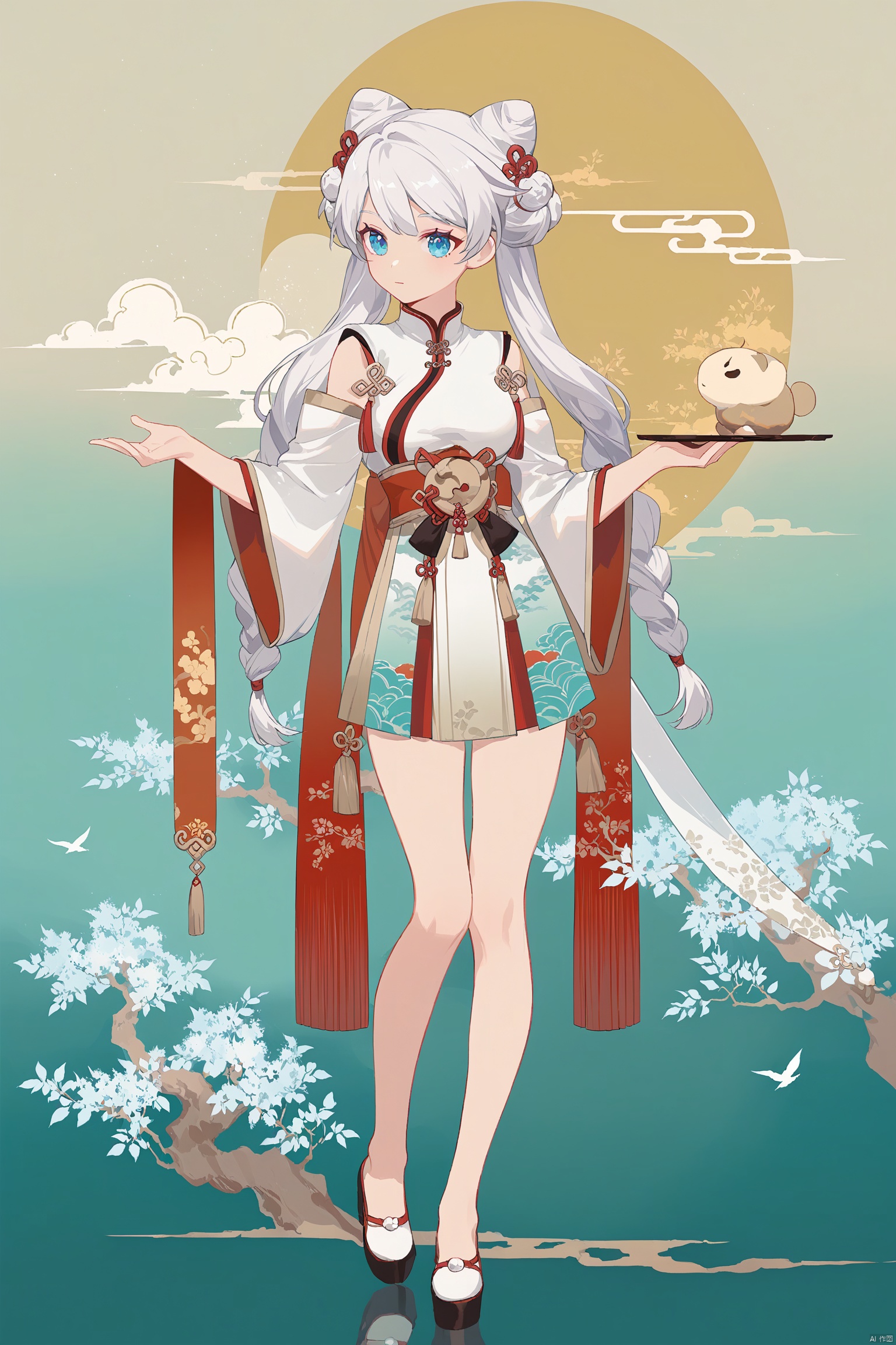  line art,line style,as style,best quality,masterpiece,
 The image features a Q version of cute cartoon girl wearing ancient costume, simple pattern, full body portrait, standing pose, legs straight, hands on both sides, minimalist painter style, ancient Chinese style, vector illustration, clean background
kiana kaslana, xuetu, 10th clothes, 1girl, blue eyes,white hair, bangs, long hair,double bun,