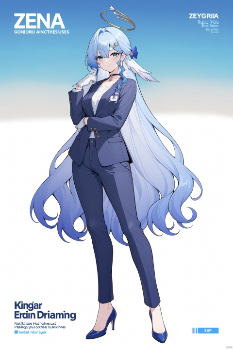 masterpiece, best quality,1girl, zgn, halo,blue eyes,blue eyes, gloves,blue hair, solo, long hair, gradient hair, bangs, looking at viewer, character name,drawstring, contemporary, choker, hair ornament, full body, standing,  jewelry, very long hair, english text, colored tips, suit,suit jacket,pants,Suit pants