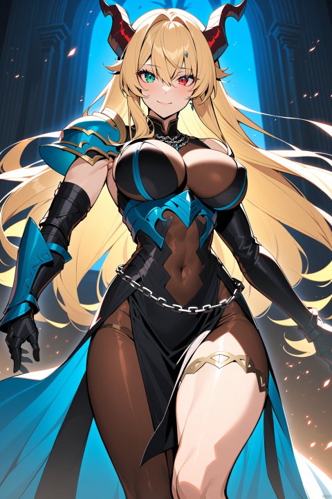 1girl, solo, long hair, breasts, looking at viewer, smile, bangs, blue eyes, blonde hair, large breasts, red eyes, gloves, dress, bare shoulders, jewelry, green eyes, pantyhose, thighs, horns, black gloves, elbow gloves, armor, black dress, covered navel, chain, heterochromia, shoulder armor, gauntlets, pelvic curtain, pauldrons, brown pantyhose, muscular female, single pauldron, single gauntlet, fairy knight gawain \(fate\)