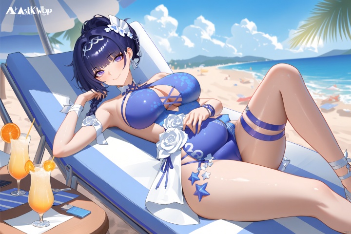 5th clothes, shiyuansw, swimsuit, 1girl, purple eyes, raiden mei, one-piece swimsuit,bangs,//BREAK,
1girl, solo, breasts,smile, thighhighs, bangs, looking at viewer, closed mouth, blush, field, see-through, large breasts, ribbon, medium breasts,beach,beach chair,lie on a deckchair,bare legs, //BREAK, fine fabric emphasis, maximalism, best quality, amazing quality, very aesthetic, absurdres, best quality, amazing quality, very aesthetic, absurdres, Highly detailed, best quality, masterpiece,
de,[artist:ask_(askzy)],artist:wanke, artist:wlop,maximalism,illustration,
