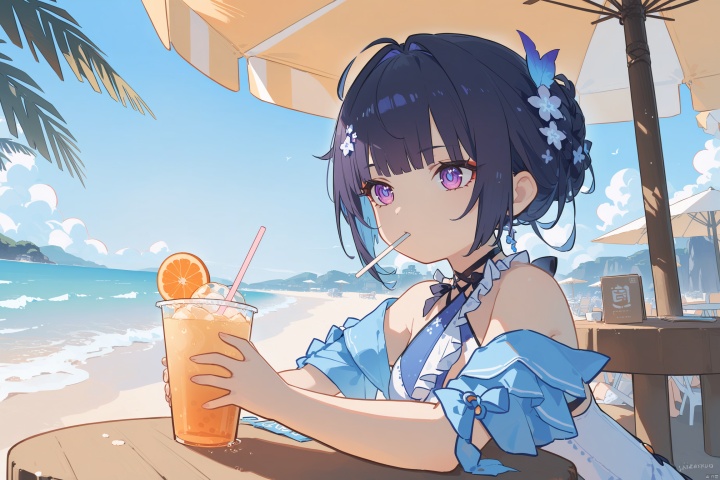  ningen mame,ciloranko,xinzoruo, 5th clothes, shiyuansw, swimsuit, 1girl, purple eyes, raiden mei, one-piece swimsuit,bangs, , 1girl,solo, (masterpiece,best quality:1.2),absurdres,blue jacket,holding,cup, holding cup, drinking straw, drink, drinking, disposable cup, drinking straw in mouth, outdoor,beach,summer,