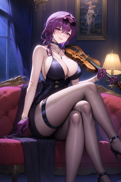  quality,masterpiece,(high detailed skin),
1girl, breasts, violin, eyewear on head, instrument, dress, solo, purple eyes, sitting, purple hair, looking at viewer, sunglasses, black dress, holding, smile, indoors, holding violin, lamp, holding instrument, alternate costume, jewelry, bare shoulders, thighs, long hair, choker, crossed legs, couch, necklace, large breasts, high heels, parted lips, cleavage, foot out of frame, black choker, hair between eyes, playing instrument, shawl, bare legs, bottle, sleeveless,
kafuka, 1girl, gloves, pantyhose, purple hair, sunglasses, eyewear on head, large breasts, bangs, purple eyes,