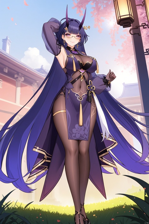  1st clothes, chunlan, chinese clothes, purple horns, 1girl, raiden mei, purple eyes, long hair, purple gloves, bangs, purple hair, glasses, high heels, hair ornament, earrings, china dress,pantyhose,//BREAK,
1girl, solo, breasts,smile, thighhighs, bangs, arm up, looking at viewer, closed mouth, blush, standing, field, see-through, large breasts, ribbon, medium breasts,Chinese architecture,footstep,lantern, //BREAK, fine fabric emphasis, maximalism, best quality, amazing quality, very aesthetic, absurdres, best quality, amazing quality, very aesthetic, absurdres, Highly detailed, best quality, masterpiece,
de,[artist:ask_(askzy)],artist:wanke, artist:wlop,maximalism,illustration,