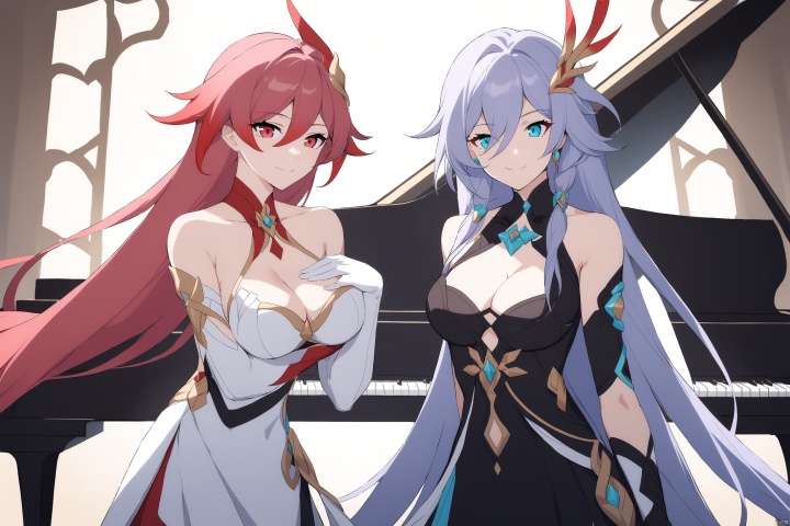  [[fu hua (phoenix)(honkai impact 3rd)]], nai3, 1girl, solo, artstyle,
long hair, breasts, looking at viewer, smile, bangs, blue eyes, multiple girls, large breasts, hair ornament, gloves, dress, 2girls, cleavage, hair between eyes, bare shoulders, very long hair, closed mouth, standing, purple eyes, purple hair, white hair, black gloves, white gloves, white dress, black dress, aqua eyes, hand on own chest, breast press, piano,
