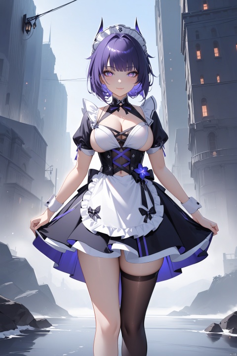 core_9,score_8_up,score_7_up,best quality,masterpiece,source_anime,8k,(ultra-detailed),, 5th clothes, shiyuansw, maid,maid headdress,maid apron, 1girl, purple eyes, raiden mei,,bangs,wabstyle, glowing, glowing eyes, fog, mist, purple, black, split theme, two-tone,  1 girl, solo, glow, breasts,smile, thighhighs, bangs, looking at viewer, closed mouth, blush, standing, see-through, large breasts, ribbon, medium breasts,beach,bare legs,(photorealistic:1.4), cowboy shot, Surrealism, Futurism, god rays, Sony FE GM, UHD, masterpiece, ccurate, high details, high quality, highres, 16k,