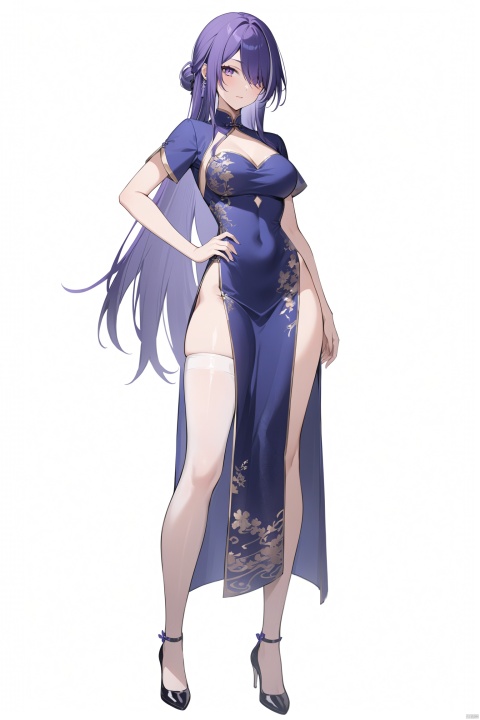 best quality,masterpiece,source_anime,8k,best quality,masterpiece,(ultra-detailed),(high detailed skin),(full body),white background,standing,looking at viewer,(solo),hand on hip,huangquan, 1girl, long hair, purple eyes, purple hair, hair over one eye, qipao, chinadress,cheongsam,robe,cheongsam,print_cheongsam,pelvic_curtain,china_dress,chinese_style,bare_legs,high heels,thighhighs(white background, simple background),full_shot, The cheongsam has a slit that extends to the thigh, qipao