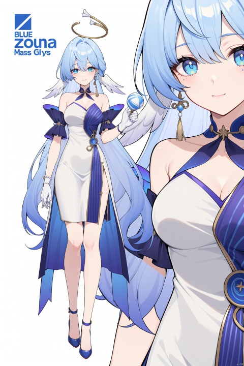 masterpiece, best quality,1girl, zgn, halo,blue eyes,blue eyes, gloves,blue hair, solo, long hair, gradient hair,bangs, looking at viewer, character name,drawstring, contemporary, choker, hair ornament, full body, standing, jewelry, very long hair, english text, colored tips, china dress, qipao,high heels, zoom layer, 