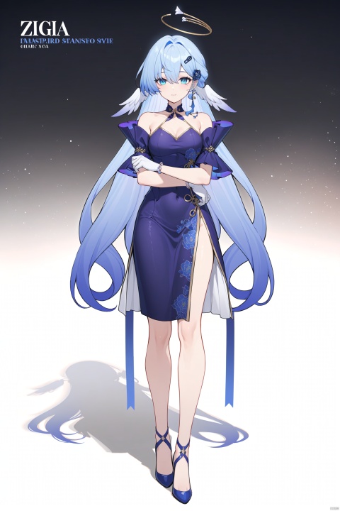masterpiece, best quality,1girl, zgn, halo,blue eyes,blue eyes, gloves,blue hair, solo, long hair, gradient hair,bangs, looking at viewer, character name,drawstring, contemporary, choker, hair ornament, full body, standing, jewelry, very long hair, english text, colored tips, china dress, qipao,high heels