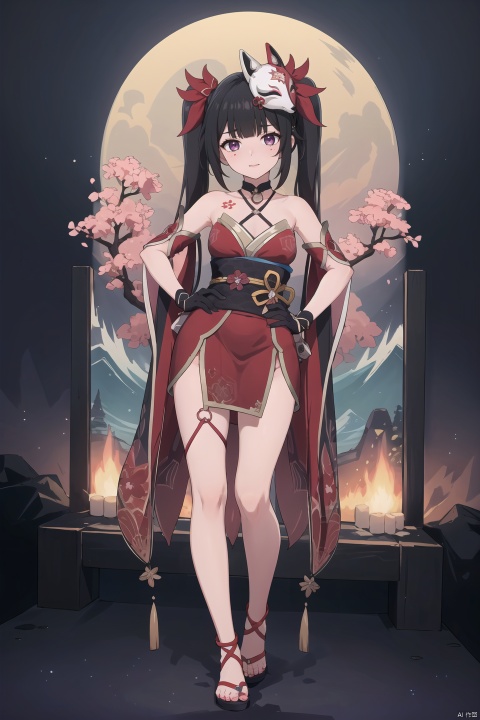  8k, best quality, masterpiece, (ultra-detailed:1.1), (high detailed skin),(full body:1.3), standing, looking at viewer, (solo:1.4), hand on hip, huahuo, 1girl, single_glove, mask on head, sash, black hair, twintails, purple eyes, obi, fox mask, single glove, japanese clothes, Cherry blossom tattoo, chest tattoo,(beautiful_face), ((intricate_detail)), clear face,((finely_detailed)), fine_fabric_emphasis,((glossy)), full_shot,lying,bed, haoche, Anime
