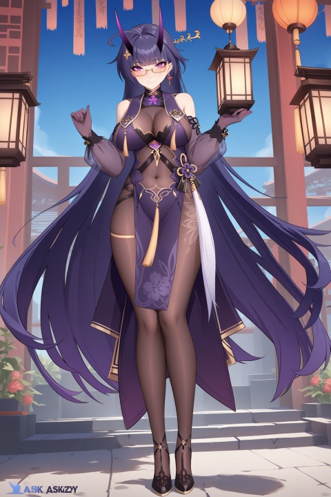  1st clothes, chunlan, chinese clothes, purple horns, 1girl, raiden mei, purple eyes, long hair, purple gloves, bangs, purple hair, glasses, high heels, hair ornament, earrings, china dress,pantyhose,//BREAK,
1girl, solo, breasts,smile, thighhighs, bangs, looking at viewer, closed mouth, blush, standing, see-through, large breasts, ribbon, medium breasts,Chinese architecture,footstep,lantern,//BREAK, fine fabric emphasis, maximalism, best quality, amazing quality, very aesthetic, absurdres, best quality, amazing quality, very aesthetic, absurdres, Highly detailed, best quality, masterpiece,
de,[artist:ask_(askzy)],artist:wanke, artist:wlop,maximalism,illustration,