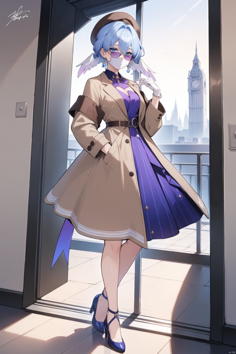 masterpiece, best quality, ,head wings,1girl, solo,  earrings, jewelry, smile, mask, hat, blue eyes, looking at viewer, bow,  blue hair, purple bow, ;), full body,  long sleeves, coat,  window,  sunglasses, virtual youtuber, bangs, bowtie, medium hair, signature, brown coat,   hair between eyes, closed mouth, mouth mask,Brown beret