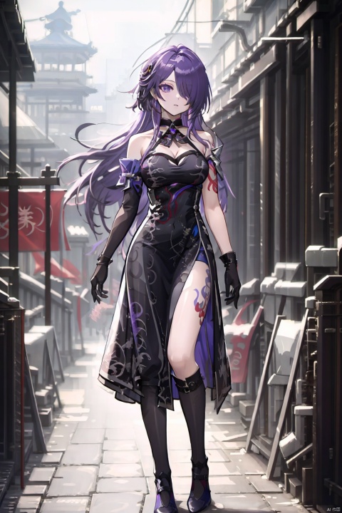  masterpiece,source_anime,8k,best quality,masterpiece,(ultra-detailed),(high detailed skin),(full body),standing,looking at viewer,(solo), tyqp,hquan,1girl,long hair,purple eyes,shorts,purple hair,hair over one eye,breasts,blackgloves,tattoo,china dress,high heels
