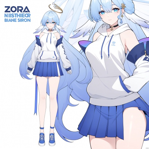 masterpiece, best quality,1girl, zgn, halo,blue eyes,blue eyes, gloves,blue hair, breasts, skirt,  solo, long hair, white hoodie, hoodie, shoes, hood, zoom layer, gradient hair, alternate costume, pleated skirt, bangs, looking at viewer,  character name, long sleeves, sneakers, drawstring, contemporary, choker, hair ornament, full body,  sleeves past wrists, standing, thighhighs, black choker, sleeves past fingers, jewelry, hood down, very long hair, english text, colored tips, miniskirt, blue footwear,bare shoulders,