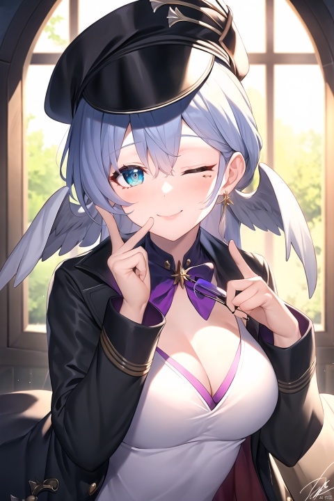  masterpiece, best quality, ,head wings,1girl, solo, one eye closed, earrings, jewelry, smile, mask, hat, blue eyes, holding, looking at viewer, bow, finger to mouth, blue hair, breasts, purple bow, ;), upper body, long sleeves, indoors, coat, holding eyewear, window, cleavage, shushing, sunglasses, virtual youtuber, bangs, bowtie, medium hair, signature, brown coat, eyewear removed, index finger raised, medium breasts, hair between eyes, closed mouth, mouth mask,halo