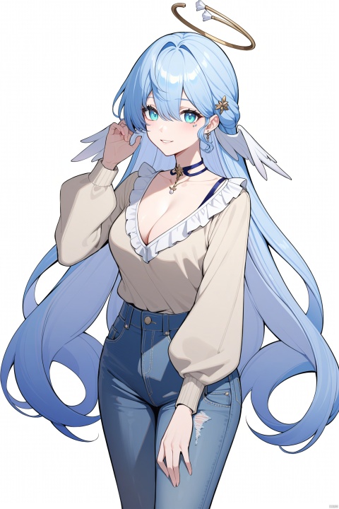 masterpiece, best quality, ,zgn,1girl, solo, skirt, long hair, shirt, halo, blue hair, bag, Jeans, sweater, white background,  jewelry, holding bag, holding,  breasts, long sleeves, looking at viewer, cleavage, blue eyes,  bangs, blush, simple background,  handbag, standing,   frilled shirt,shadow, collarbone, virtual youtuber, wings, feet out of frame, parted lips, hand up,    hair ornament,  smile,   very long hair,  frills, alternate costume, mostima (arknights), puffy long sleeves,   head wings, closed mouth, aqua eyes,