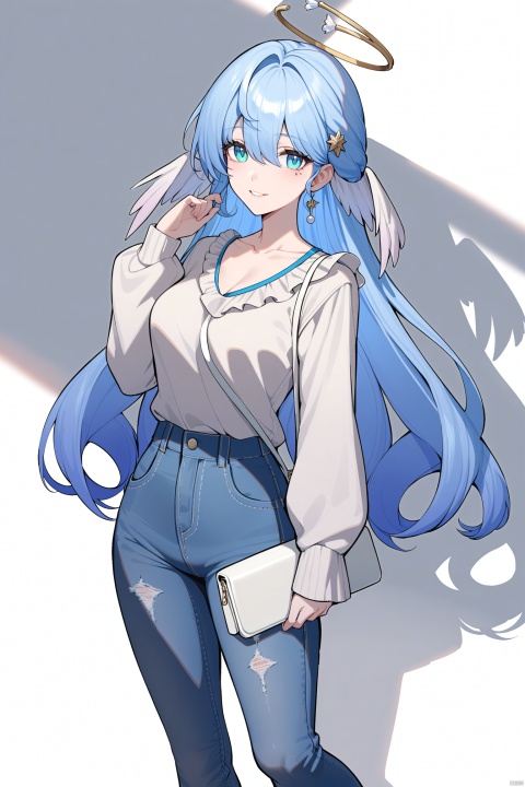  masterpiece, best quality, ,zgn,1girl, solo, skirt, long hair, shirt, halo, blue hair, bag, Jeans, sweater, white background, jewelry, holding bag, holding, breasts, long sleeves, looking at viewer, blue eyes, bangs, blush, simple background, handbag, standing, frilled shirt,shadow, collarbone, virtual youtuber, wings, feet out of frame, parted lips, hand up, hair ornament, smile, very long hair, frills, alternate costume, mostima (arknights), puffy long sleeves, head wings, closed mouth, aqua eyes,