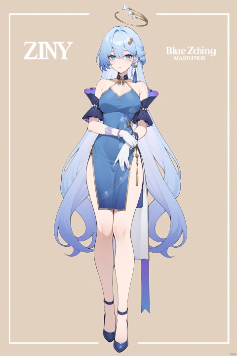  masterpiece, best quality,1girl, zgn, halo,blue eyes,blue eyes, gloves,blue hair, solo, long hair, gradient hair, bangs, looking at viewer, character name,drawstring, contemporary, choker, hair ornament, full body, standing, jewelry, very long hair, english text, colored tips, china dress, qipao