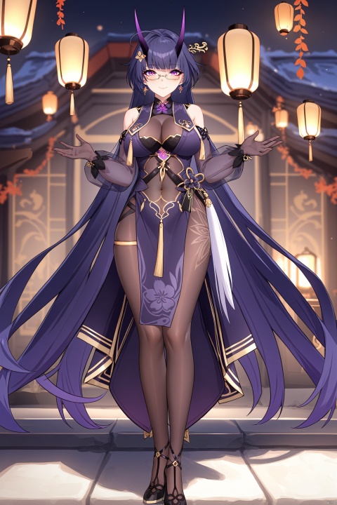 1st clothes, chunlan, chinese clothes, purple horns, 1girl, raiden mei, purple eyes, long hair, purple gloves, bangs, purple hair, glasses, high heels, hair ornament, earrings, china dress,pantyhose,//BREAK,
1girl, solo, breasts,smile, thighhighs, bangs,  looking at viewer, closed mouth, blush, standing,  see-through, large breasts, ribbon, medium breasts,Chinese architecture,footstep,lantern,//BREAK, fine fabric emphasis, maximalism, best quality, amazing quality, very aesthetic, absurdres, best quality, amazing quality, very aesthetic, absurdres, Highly detailed, best quality, masterpiece,
de,[artist:ask_(askzy)],artist:wanke, artist:wlop,maximalism,illustration,