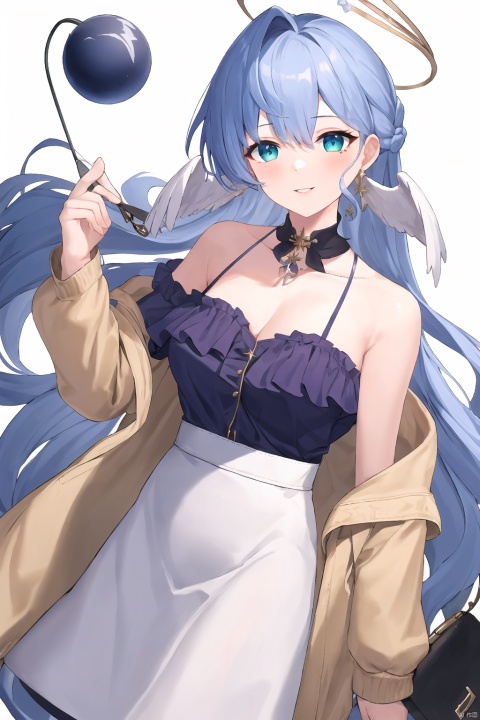  masterpiece, best quality, ,1girl, solo, skirt, long hair, shirt, halo, blue hair, bag, black skirt, off-shoulder shirt, white background, off shoulder, jewelry, holding bag, holding, white shirt, necklace, breasts, long sleeves, looking at viewer, cleavage, blue eyes, bare shoulders, bangs, blush, simple background, shadow, handbag, standing, medium breasts, high-waist skirt, frilled shirt, collarbone, shirt tucked in, virtual youtuber, wings, feet out of frame, parted lips, hand up, hair ornament, smile, very long hair, frills, alternate costume, mostima (arknights), puffy long sleeves, head wings, closed mouth, aqua eyes,