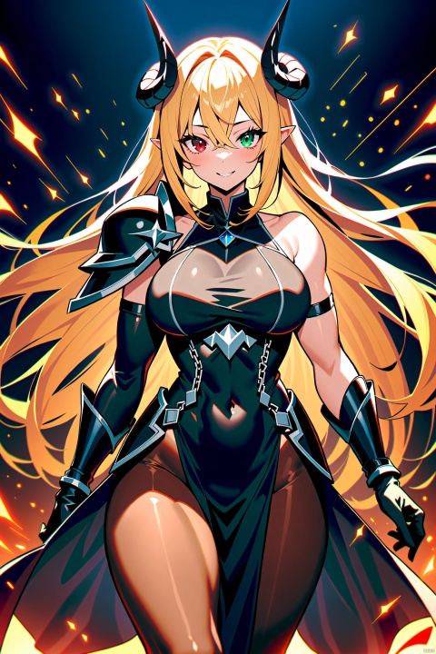 1girl, solo, long hair, breasts, looking at viewer, smile, bangs, blue eyes, blonde hair, large breasts, red eyes, gloves, dress, bare shoulders, jewelry, green eyes, pantyhose, thighs, horns, black gloves, elbow gloves, armor, black dress, covered navel, chain, heterochromia, shoulder armor, gauntlets, pelvic curtain, pauldrons, brown pantyhose, muscular female, single pauldron, single gauntlet, fairy knight gawain \(fate\)
