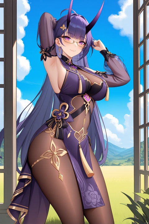 1st clothes, chunlan, chinese clothes, purple horns, 1girl, raiden mei, purple eyes, long hair, purple gloves, bangs, purple hair, glasses, high heels, hair ornament, earrings, china dress,pantyhose,//BREAK,
1girl,   solo, breasts,smile, thighhighs, bangs, day, arm up, looking at viewer, sky, cloud, closed mouth, blue sky,blush,  standing,   field, see-through, large breasts, ribbon, medium breasts, Chinese architecture//BREAK, fine fabric emphasis, maximalism, best quality, amazing quality, very aesthetic, absurdres, best quality, amazing quality, very aesthetic, absurdres, Highly detailed, best quality, masterpiece,[artist:kedama milk],[artist:ask_(askzy)],artist:wanke, artist:wlop,maximalism,illustration,