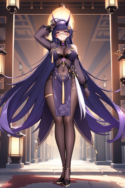 1st clothes, chunlan, chinese clothes, purple horns, 1girl, raiden mei, purple eyes, long hair, purple gloves, bangs, purple hair, glasses, high heels, hair ornament, earrings, china dress,pantyhose,//BREAK,
1girl, solo, breasts,smile, thighhighs, bangs, arm up, looking at viewer, closed mouth, blush, standing,  see-through, large breasts, ribbon, medium breasts,Chinese architecture,footstep,lantern,//BREAK, fine fabric emphasis, maximalism, best quality, amazing quality, very aesthetic, absurdres, best quality, amazing quality, very aesthetic, absurdres, Highly detailed, best quality, masterpiece,
de,[artist:ask_(askzy)],artist:wanke, artist:wlop,maximalism,illustration,